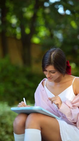 young woman drawing outdoors