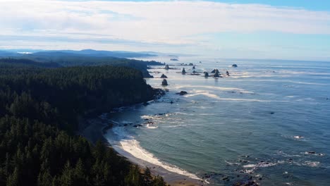 stunning dolly in aerial drone shot of the gorgeous third beach in forks, washington with large rock formations, surrounded by a pine tree forest on cliffs, and golden sand on a warm summer morning