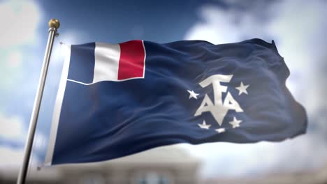 las tierras francesas del sur y la antártida ondean la bandera en cámara lenta 3d con fondo de cielo azul - bucle sin costuras 4k
