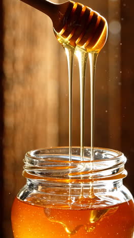 golden honey dripping from a dipper into a glass jar