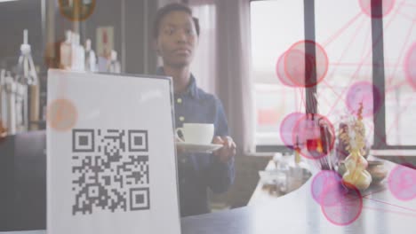 Animation of network of connections and qr code menu over woman serving in cafe