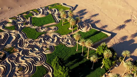 aerial view of a green oasis with palm trees and winding patterns in a desert landscape