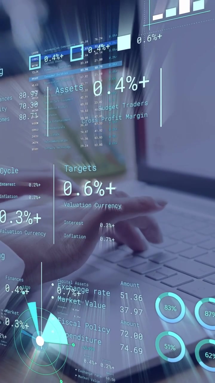 Vertikal video: Finansanalytiker legger ned telefonen og skriver, oppdaterer brukergrensesnittlinjer og prosentmål