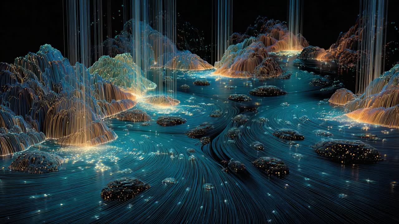 Digital representation of a futuristic landscape made of glowing light particles and lines, visualizing complex concepts like big data, artificial intelligence, and network communication