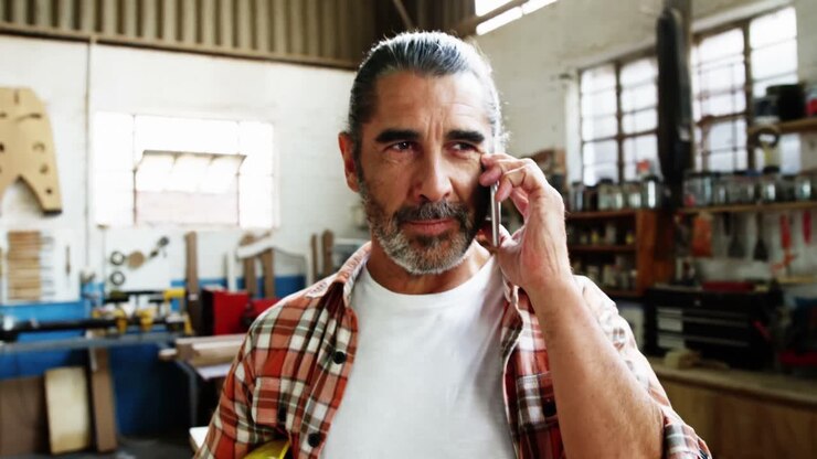 Falegname che fa una telefonata.