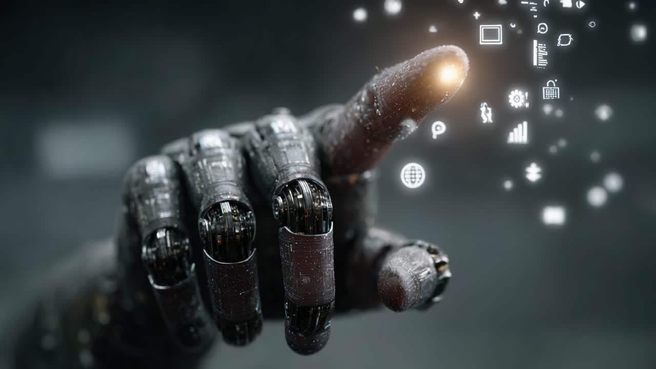 A Futuristic Robotic Hand Interacting with Digital Symbols, Showcasing the Integration of Technology and Humanity in the Digital Age and Its Potential Impact on Society