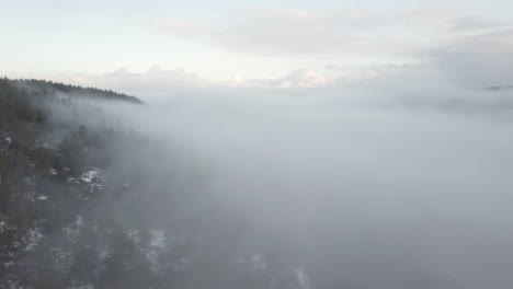 aerial, drone shot, through a thick fog cloud, over forest and hills, on a foggy, fall morning, in birkeland, aust-agder, south norway