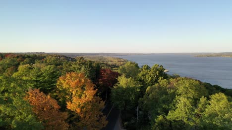 drone shot elevating over grandview drive road revealing the illinois river from behind the lushes autumn trees