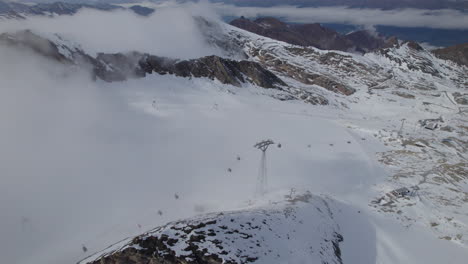 aerial birds eye shot of snowy mountains wit lift and gondola in austria