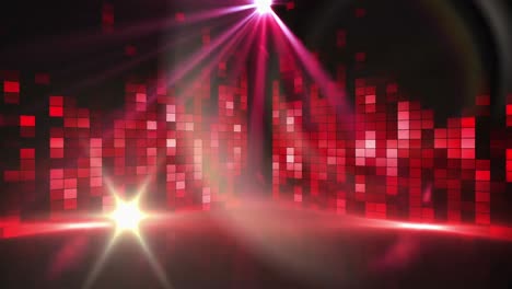 Animation-of-red-graphic-music-equalizer-lights-and-moving-spotlights