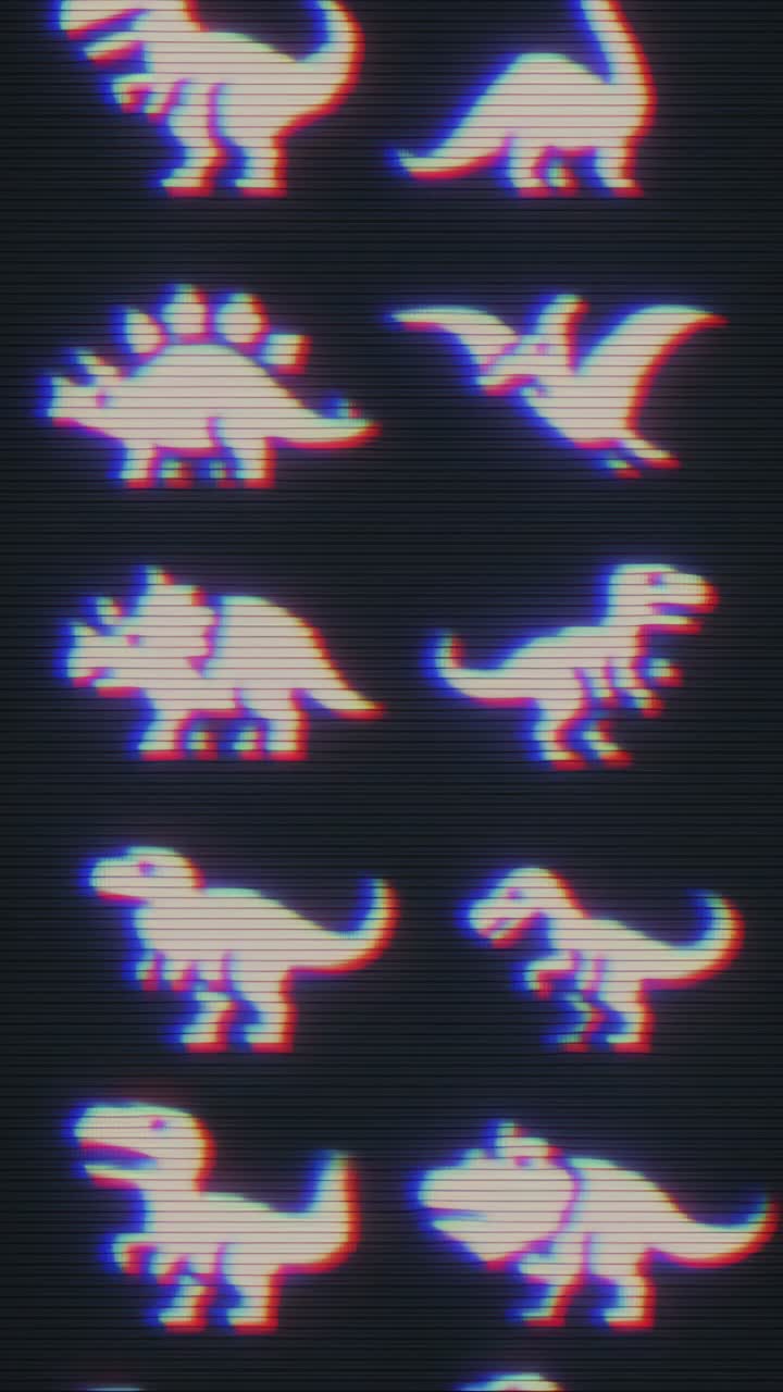Estilo de vídeo retrô com efeito de falha apresentando ícones de dinossauros pixelizados