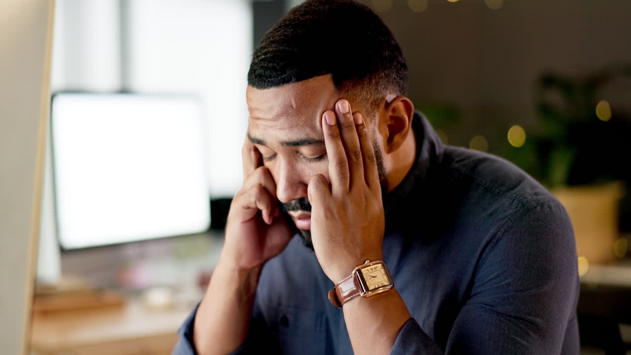 Businessman, headache and stress at night