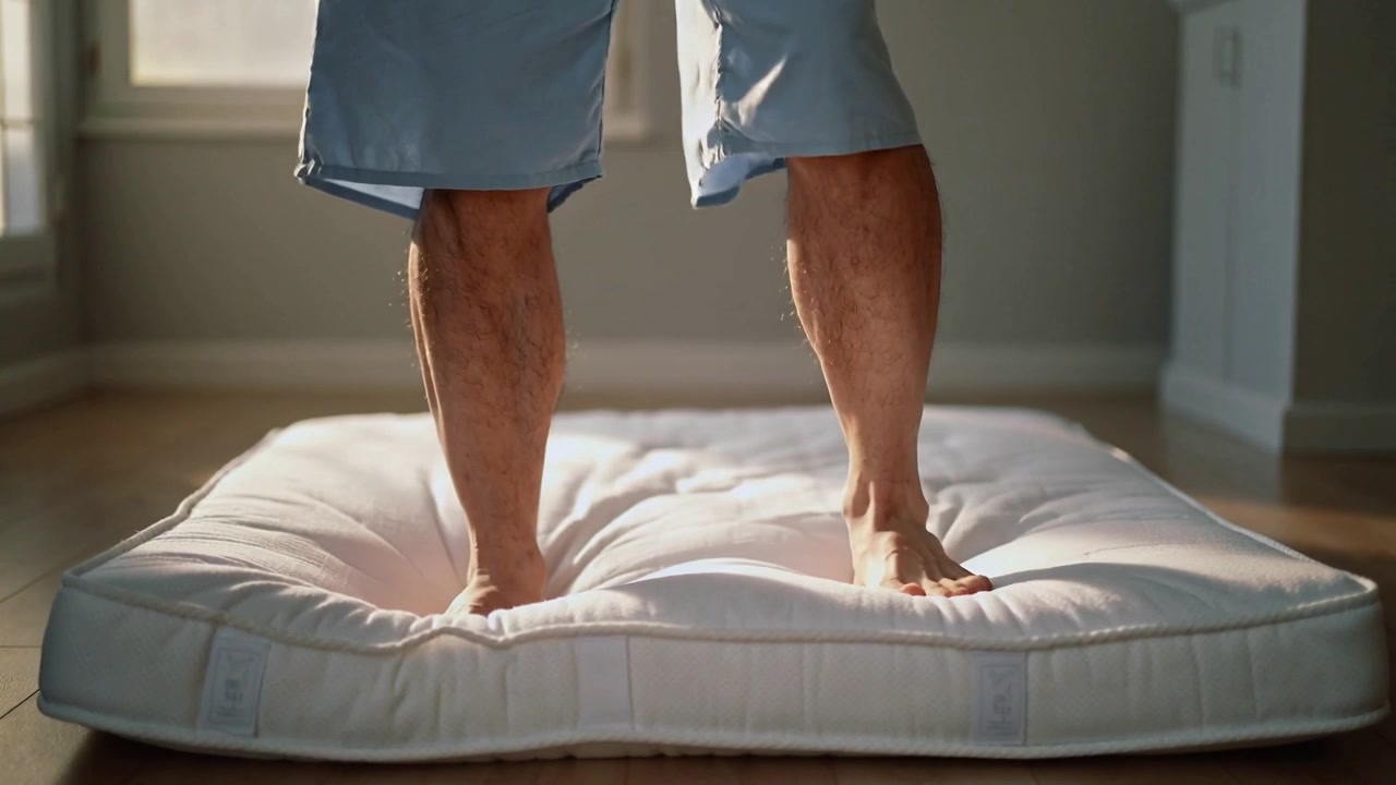 Com os pés firmes, homem de shorts azul-claro mudando o peso no colchão do quarto, testando o suporte.