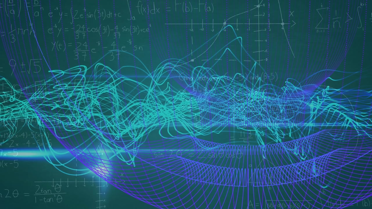 Animation of lens flares and abstract pattern over mathematical solutions against green background