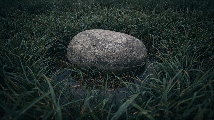 Pulling back, camera revealing lichen-and-moss-speckled boulder in wet meadow, showing tall grass