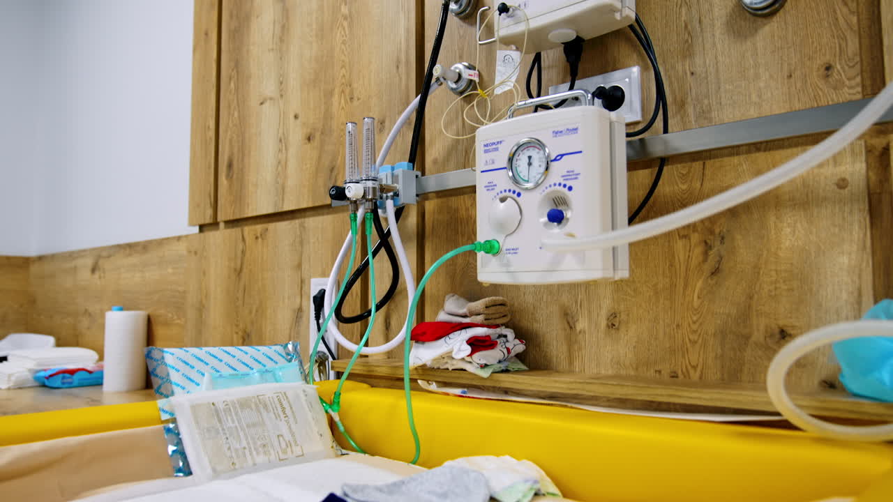 Resuscitation equipment attached to the wall over the table for newborns. Medical devices in the modern maternity hospital. Low angle view.
