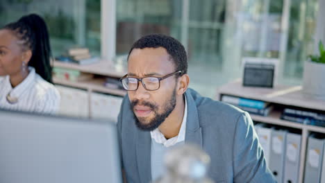 Reading-email,-black-man-and-a-computer-at-work