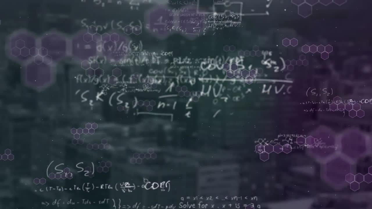Animation of mathematics equations, statistics showing over a cityscape