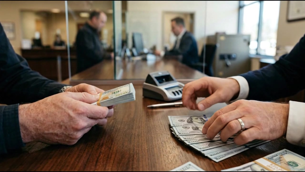 Cassiere di banca che conta banconote in dollari allo sportello