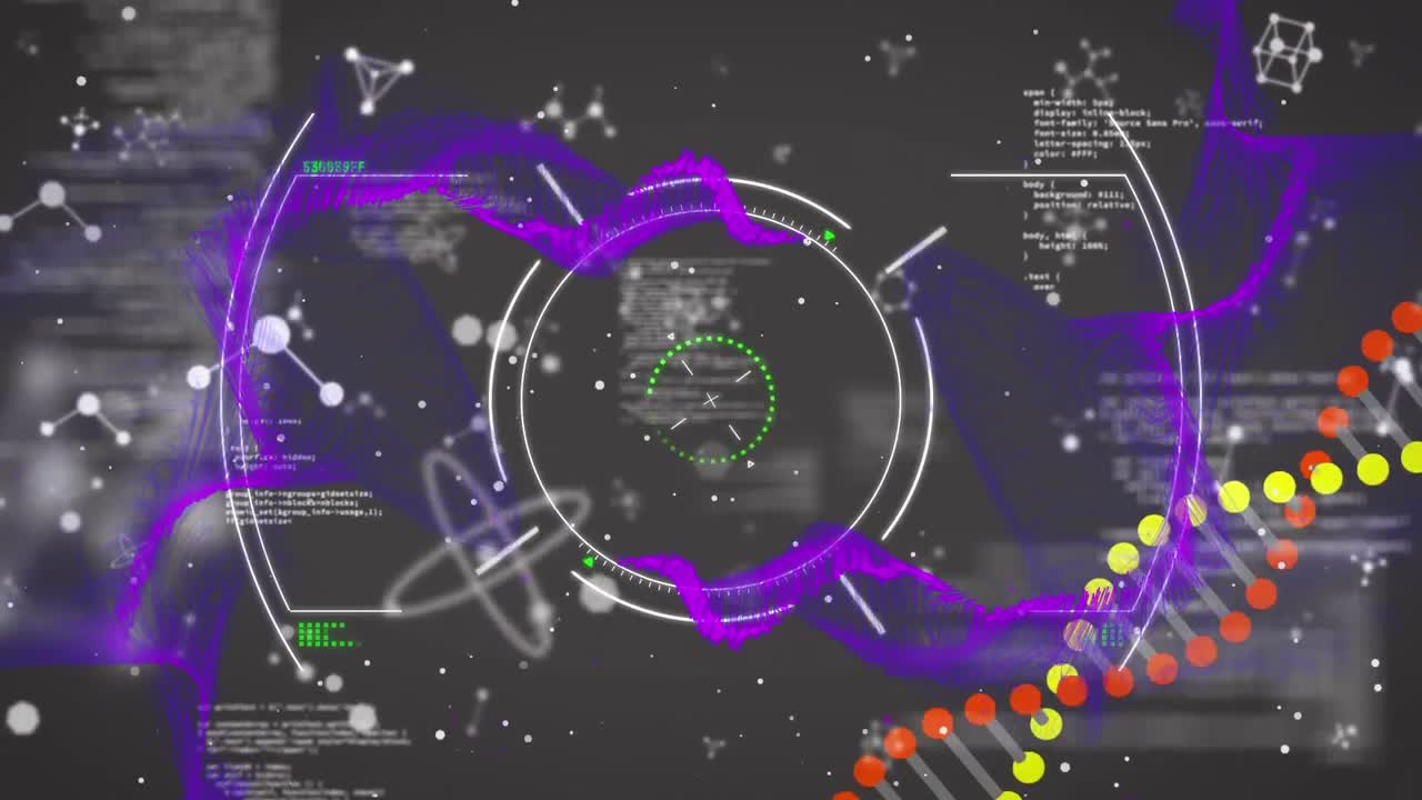 블랙 배경 위에 분자 및 다양한 모양과 데이터의 애니메이션