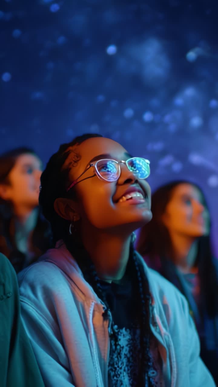 Un jeune émerveillé : captivé par le ciel étoilé lors d’une expérience visuelle enrichissante avec des amis autour de lui