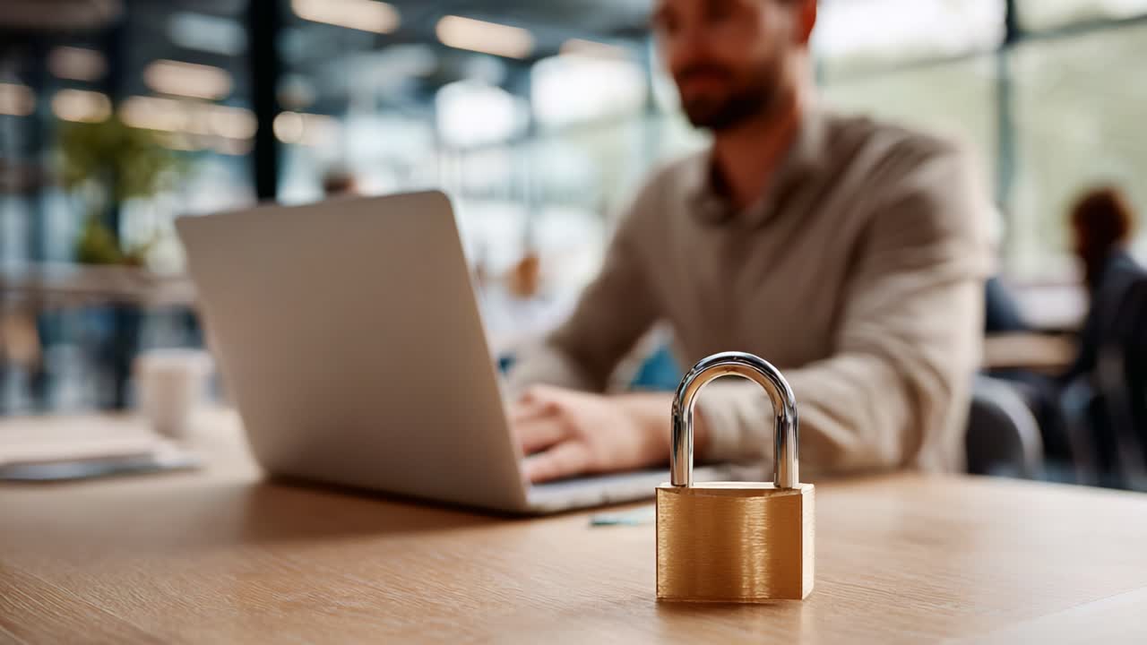 A golden padlock symbolizing security and privacy sits on a desk, contrasting with a person working intently on a laptop in a modern office environment