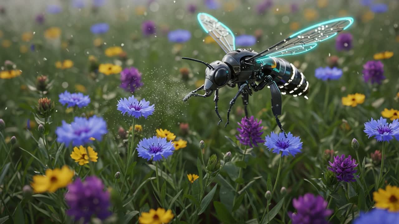A Futuristic Robotic Bee Pollinating Vibrant Flowers in a Lush Meadow, Showcasing Advanced Technology and Nature's Beauty in Harmony