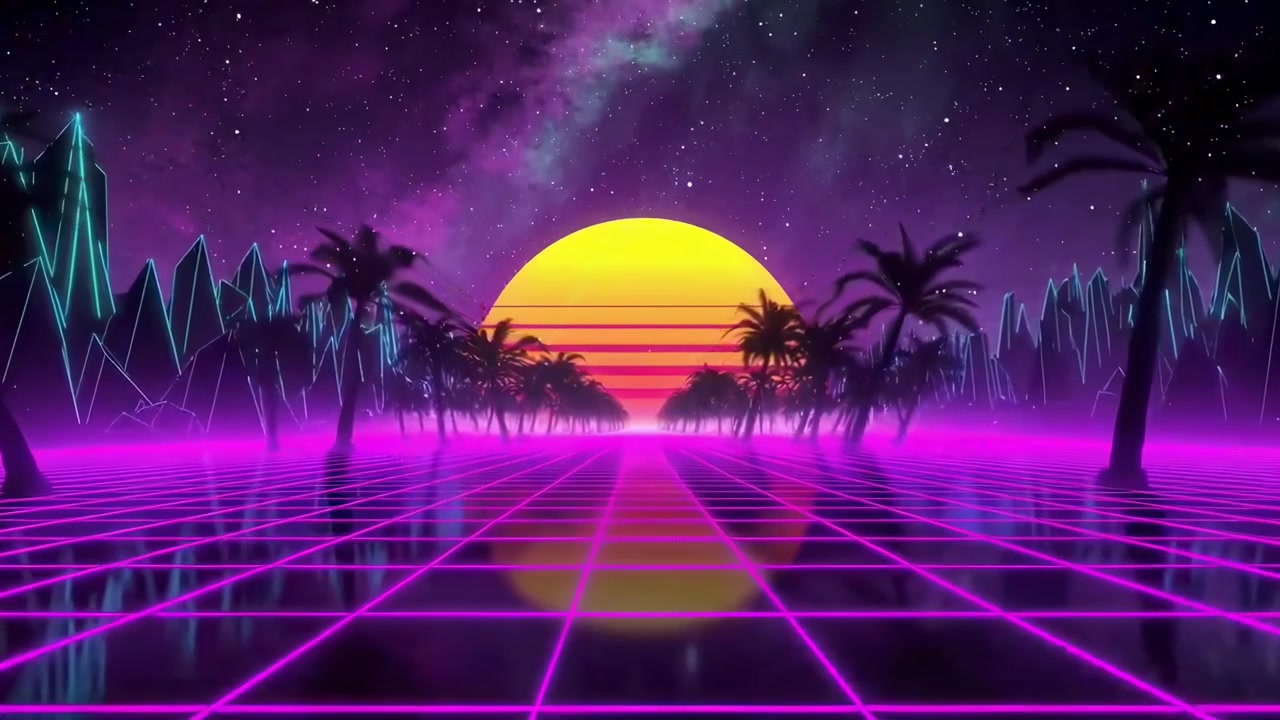 Pemandangan Synthwave Retro dengan Pohon Palem dan Grid Bercahaya