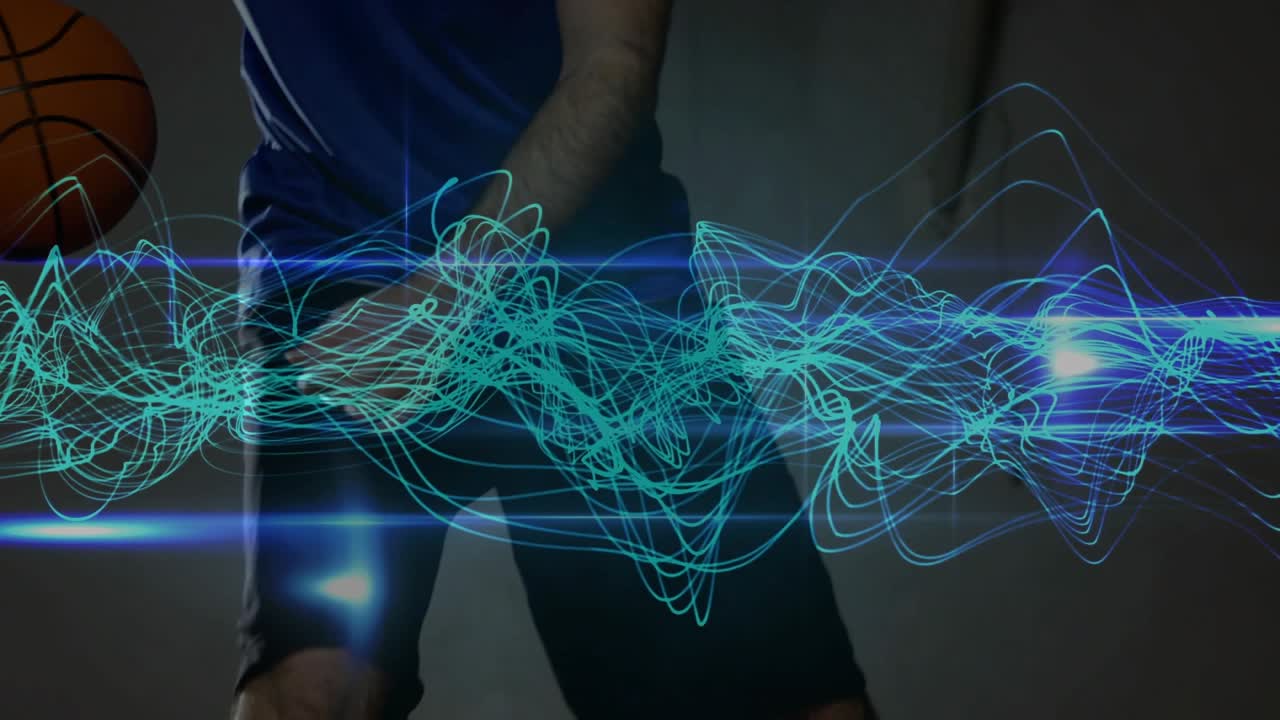 male athlete starting crossover dribble for sports training with neon waveform flowing around legs