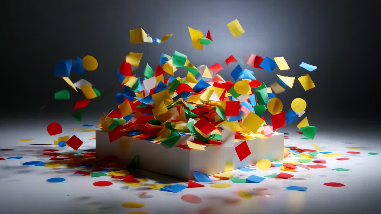 A dynamic explosion of colorful paper confetti in vibrant shades of red, yellow, green, and blue, artfully scattered and falling in a visually engaging manner, creating a festive and celebratory atmosphere