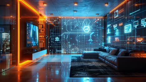 futuristic living room with technology display
