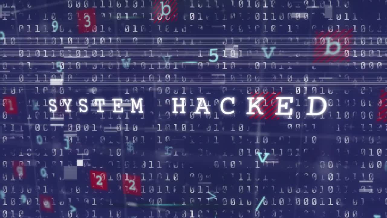 Animation of virus text and binary coding changing on blue background