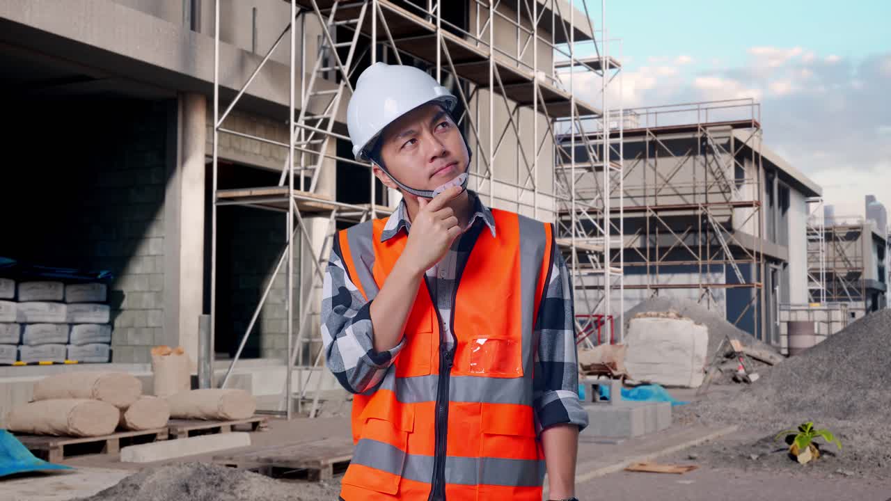Asian Male Engineer With Safety Helmet Thinking About Something And Looking Around While Standing At Building & Construction Site in Progress to New House