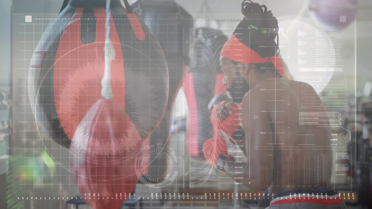 Data processing against african american male boxer practicing his punches on punching bag