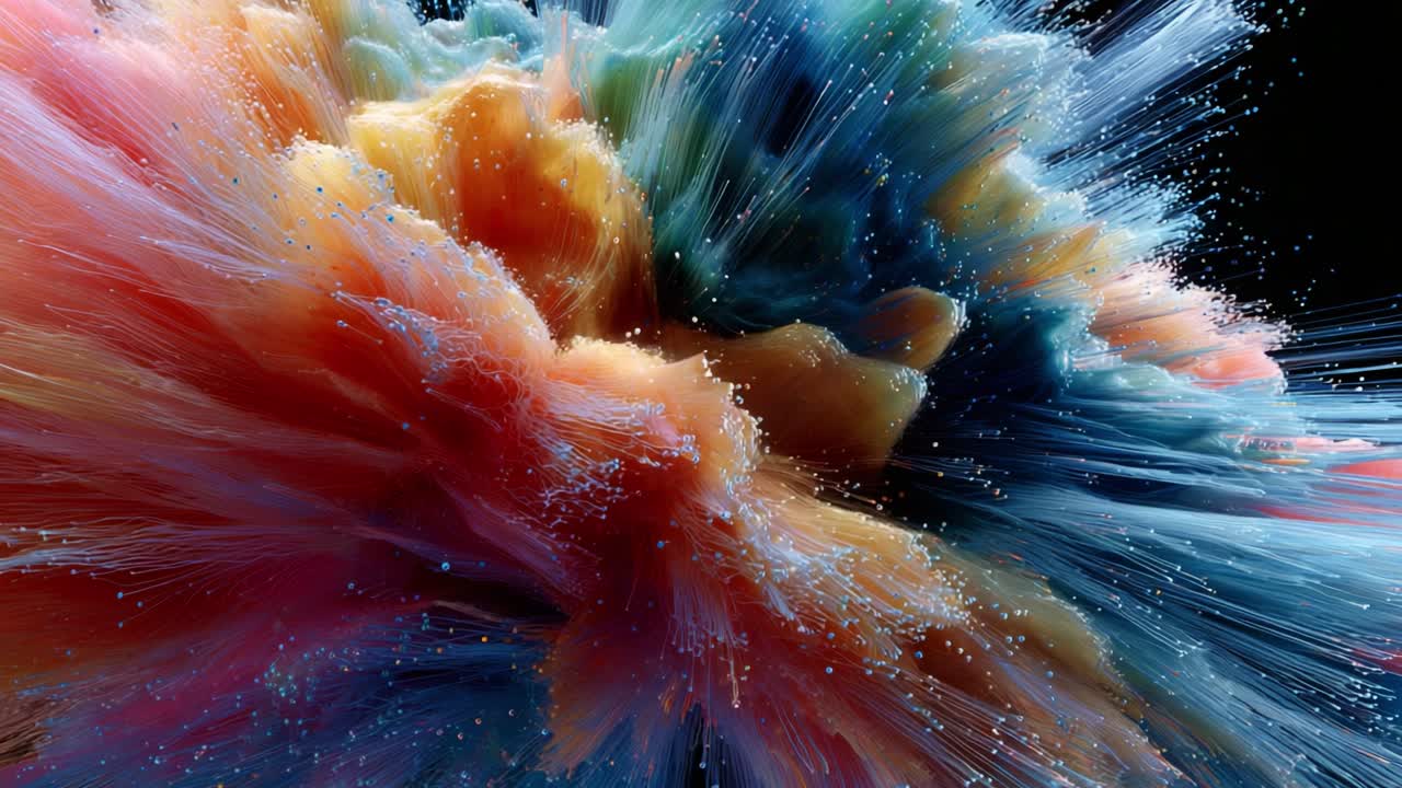 A Stunning Abstract Explosion of Color and Motion, Capturing the Essence of Vibrant Fluid Dynamics with Swirling Tones and Intricate Details in a Cosmic Aesthetic