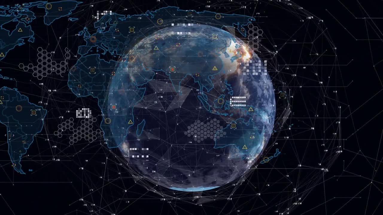 Animation of data processing and world map over spinning globe against black background