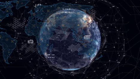 animación del procesamiento de datos y el mapa del mundo sobre un globo giratorio contra un fondo negro.