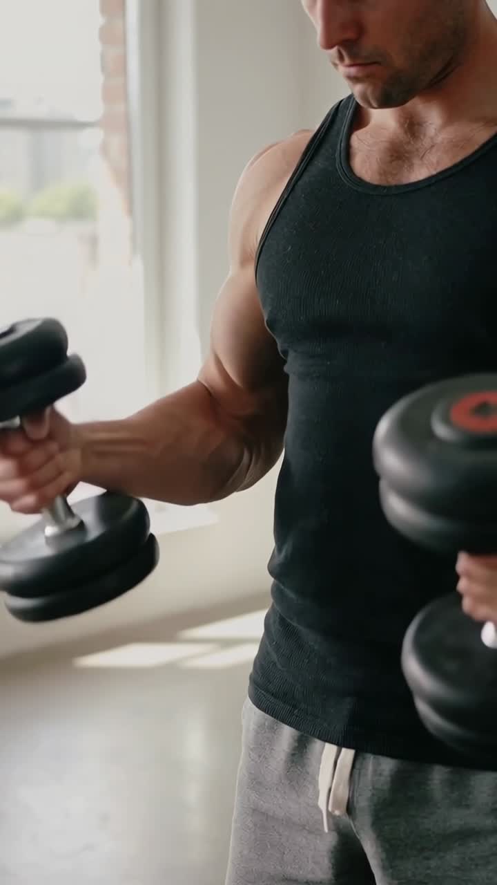 Vertical video: Gripping dumbbells, man in black tank doing curls home by window training