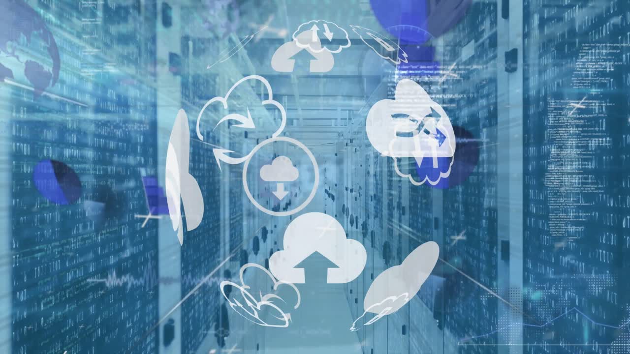 animación del globo de iconos digitales girando y procesamiento de datos contra la sala de servidores de computadora