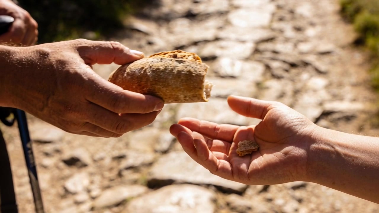 Stopping to rest, hikers' hands sharing rustic loaf plus small chunk on rocky trail, trekking pole