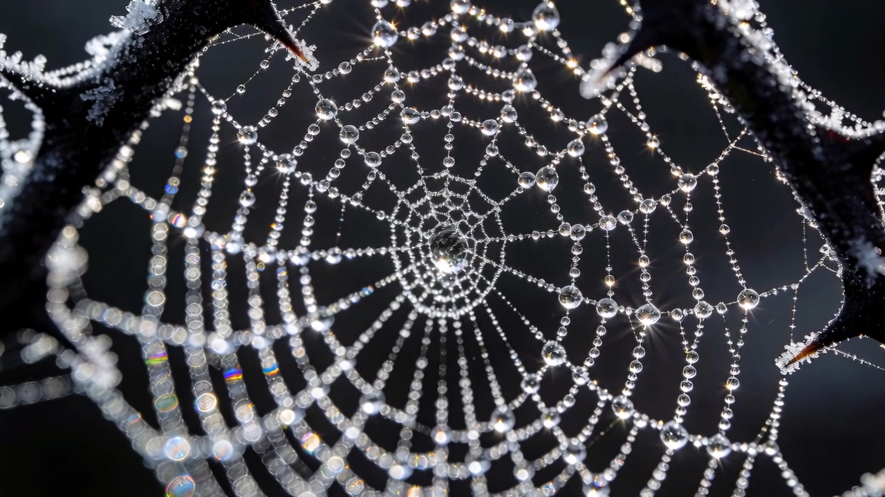 Glitzerndes Radnetz fängt Sonnenlicht ein, während die Kamera den Fokus über gefrostete Brombeersträucher verschiebt, Tautropfen.