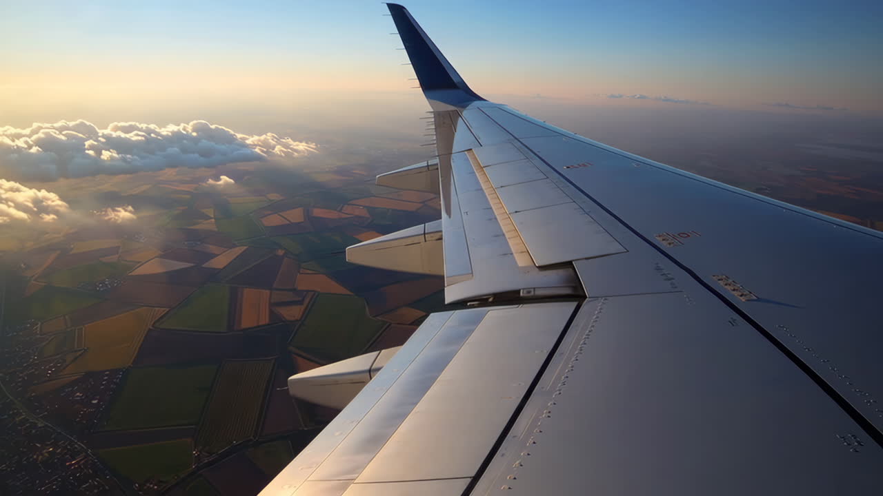 Airplane Wing View of Clouds and Farmlands