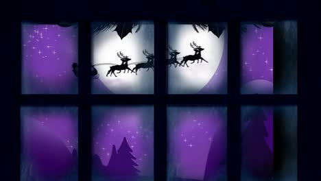 Window-frame-against-santa-claus-in-sleigh-being-pulled-by-reindeers-over-winter-landscape