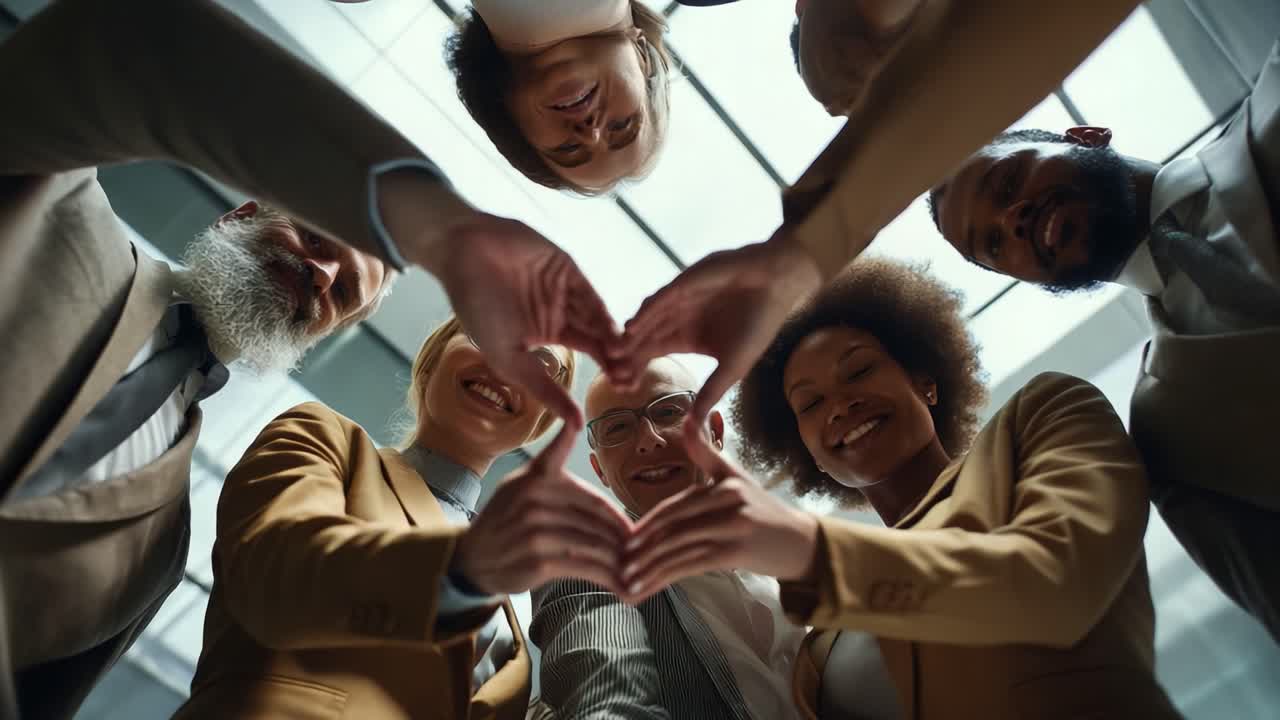 A Diverse Group of Professionals Forming a Heart Shape with Their Hands, Radiating Positivity and Team Spirit in a Modern Office Environment with Natural Light Streaming Through the Windows