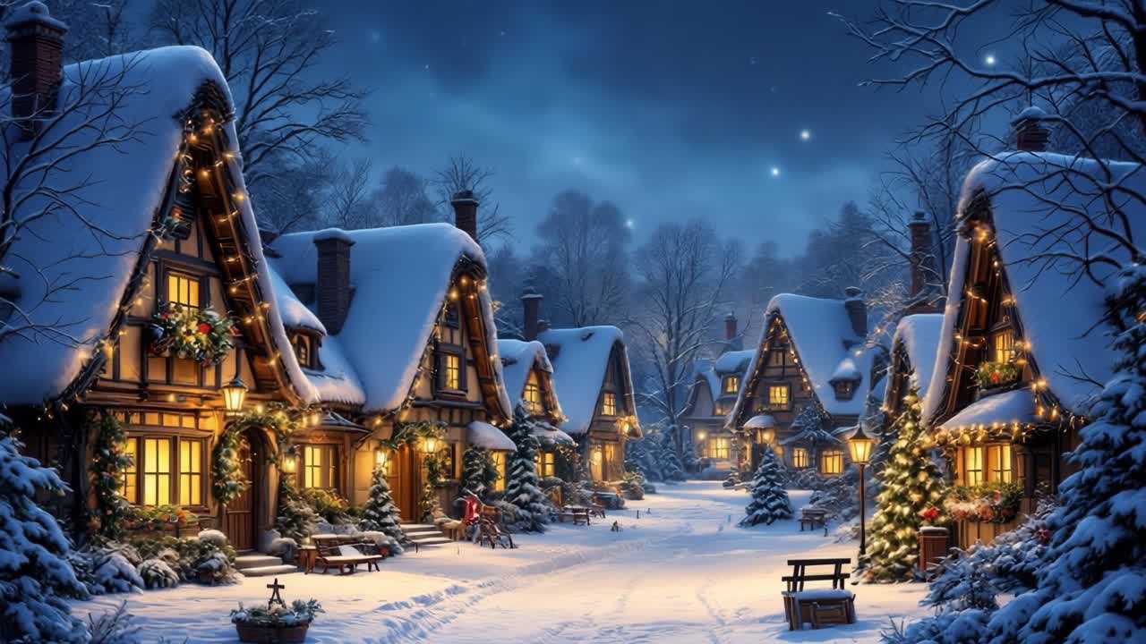Cozy Christmas Village at Night with Festive Lights