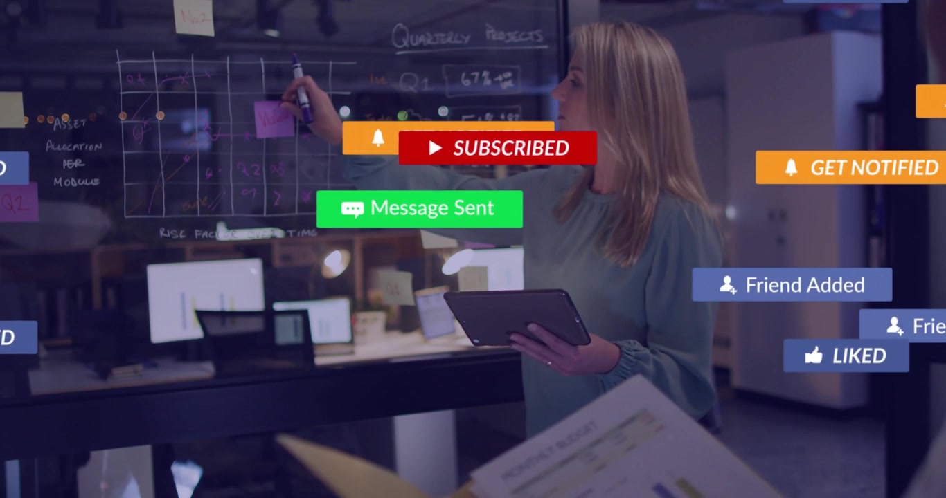 manager tapping tablet and marking glass board, causing marketing alerts tracking KPIs, then fading