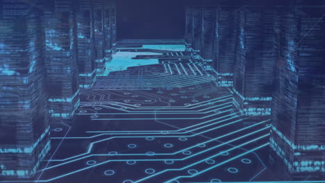 animation of microprocessor connections against close up of motherboard against blue background