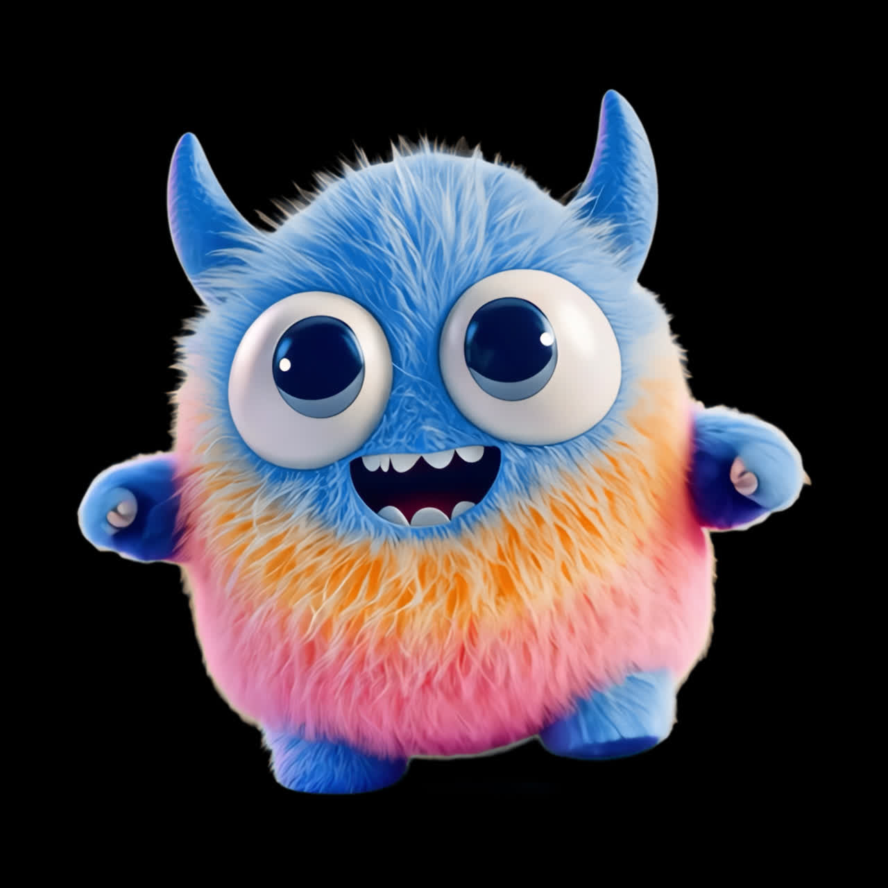 Colorful fluffy monster toy animation isolated asset, transparent 4K video, alpha channel, ProRes