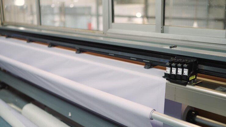 Impressora industrial de grande formato trabalhando em tecido de lona branca ou banner