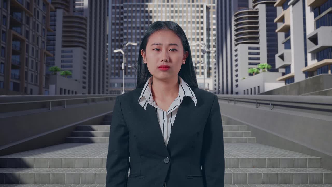 분노 한 아시아 사업가 여성 이 도시 에서 서 있는 동안 비난 하고 있다